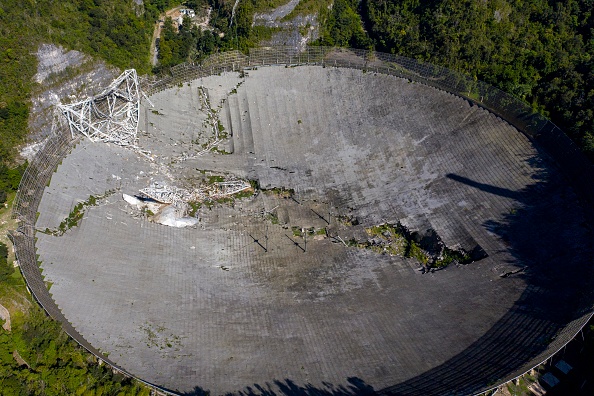 Cette vue aérienne montre les dommages à l'observatoire d'Arecibo après la rupture de l'un des principaux câbles retenant le récepteur à Arecibo, Porto Rico, le 1er décembre 2020.(Photo : RICARDO ARDUENGO/AFP via Getty Images)
