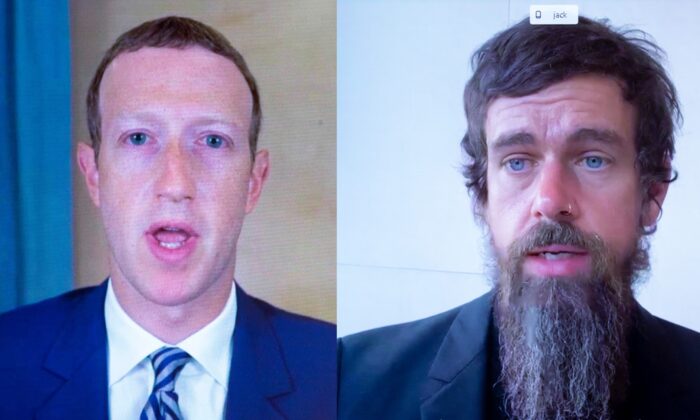 Une image combinée montrant le PDG de Facebook Mark Zuckerberg (à gauche) et le PDG de Twitter Jack Dorsey témoignant à distance devant le Congrès le 28 octobre 2020. (Michael Reynolds/Pool/AFP via Getty Images)