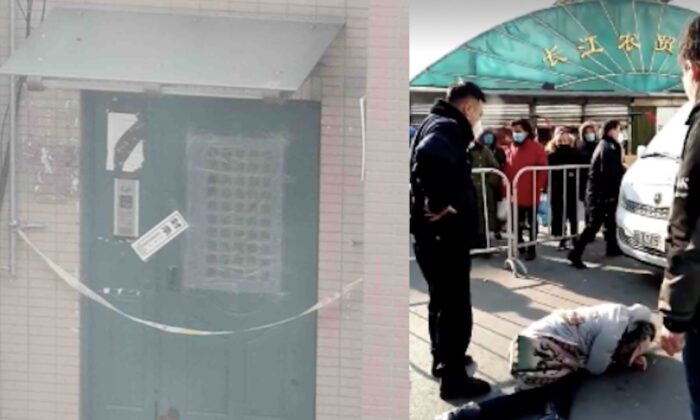 (à gauche) L'entrée d'un immeuble d'appartements est fermée dans le district de Jinzhou à Dalian, en Chine, le 1er janvier 2021. (Photo fournie par une personne interrogée) (à droite) Une femme tente de quitter une zone verrouillée mais est arrêtée par la police à Shenyang, en Chine, en janvier 2021. (Capture d'écran d'une vidéo Twitter)