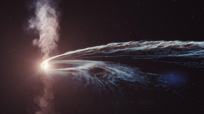 Illustration d'un événement de perturbation des marées, dans lequel une étoile est déchiquetée et avalée par un trou noir supermassif, qui libère une énorme quantité d'énergie dans un flux de type jet de plasma. (DESY, Science Communication Lab)
