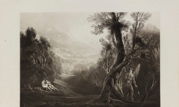 Dans la Bible, la première question posée en est une de Satan. « Satan observe Adam et Eve dans le jardin d'Eden », 1825, par John Martin dans une illustration de l'ouvrage « Le Paradis perdu ». (Domaine public)