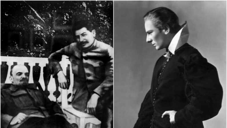 (G) Une photo non datée montre Vladimir Ilyich Ulianov (1870-1924), plus connu sous le nom de Lénine (L) posant à Gorki, en Union soviétique, avec Iossif Vissarionovitch Dzhugashvili (1879-1953) plus connu sous le nom de Joseph Staline, qui est devenu secrétaire général du parti communiste soviétique en 1922. (AFP via Getty Images). (D) Portrait de l'acteur britannique John Gielgud (1904-2000) posant en costume pour son rôle principal dans « Hamlet ». (Hulton Archive/Getty Images)
