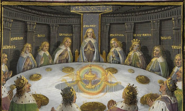 Les chevaliers du roi Arthur, réunis à la Table ronde pour célébrer la Pentecôte, ont une vision du Saint Graal. Cette scène est représentée dans un manuscrit du 15e siècle de « Lancelot et le Saint Graal ». (Wikimedia Commons)
