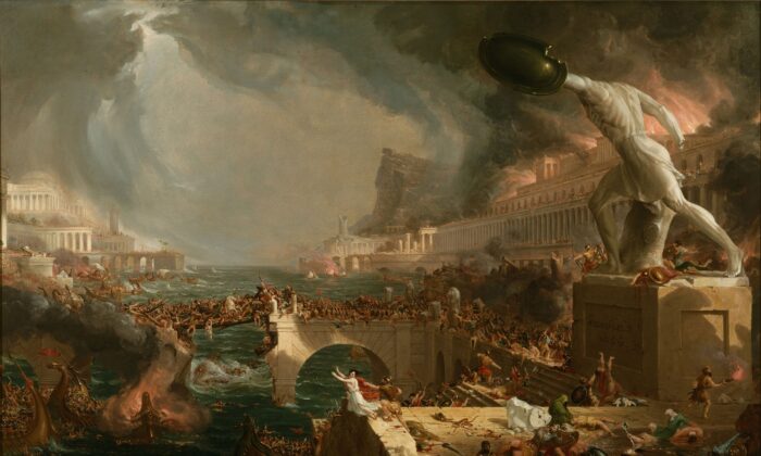 « La Destruction » de la série de cinq tableaux « Le Cours de l'Empire » (1836) de Thomas Cole (Domaine public)