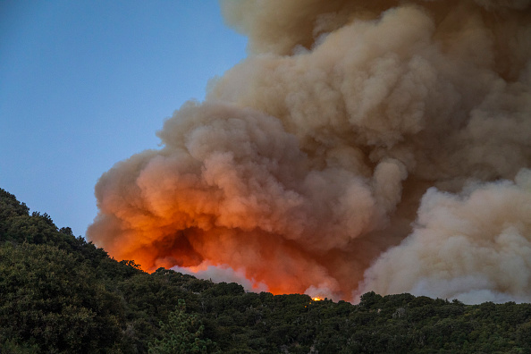 -Illustration- Des flammes et une épaisse fumée s'approchent sur un front ouest américain. Photo de David McNew/Getty Images.