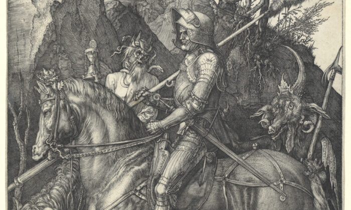 Détail de la gravure « Le Chevalier, la Mort et le Diable ». On voit clairement que le chevalier est calme malgré les menaces que représentent ses compagnons de voyage. Le Metropolitan Museum of Art, New York. (Domaine public)