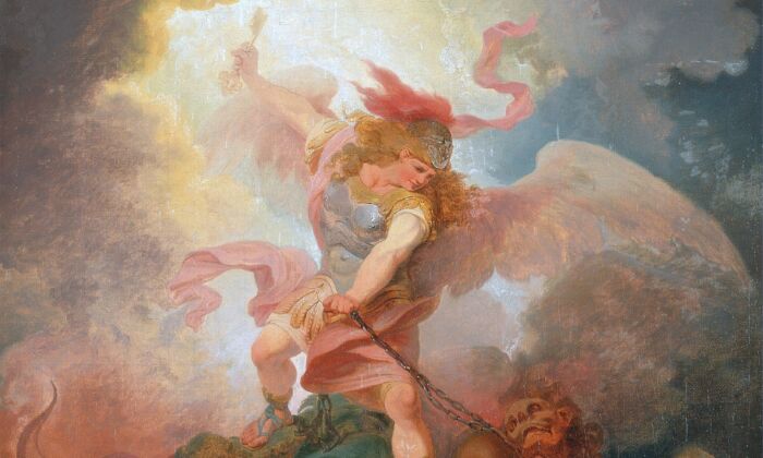 « L'ange liant Satan », vers 1797, par Philip James de Loutherbourg. Huile sur toile, 45 cm par 37,5 cm. Centre d'art britannique de Yale, Connecticut. (Domaine public)