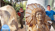 Un artiste à la tronçonneuse sculpte un portrait amérindien plus grand que nature dans un tronc d’arbre