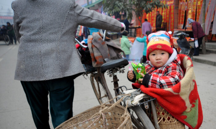 Un bébé est assis dans un panier sur le chemin du retour après avoir acheté des couplets pour le festival du printemps à Chengdu, dans la province du Sichuan (Chine), le 16 janvier 2009. (China Photos/Getty Images)