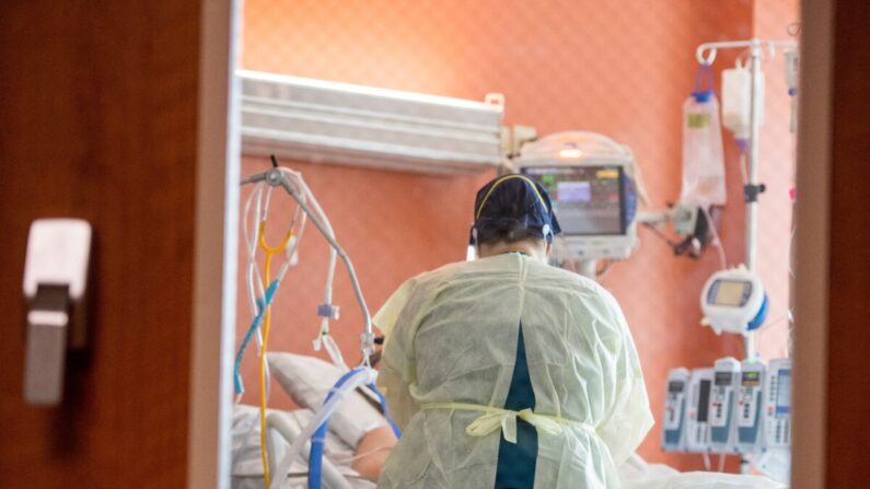 Une infirmière s'occupe d'un patient atteint du Covid-19 à l'intérieur de l'ICU (unité de soins intensifs) de la clinique Adventist Health à Sonora, en Californie, le 27 août 2021. (Nic Coury / AFP via Getty Images) 