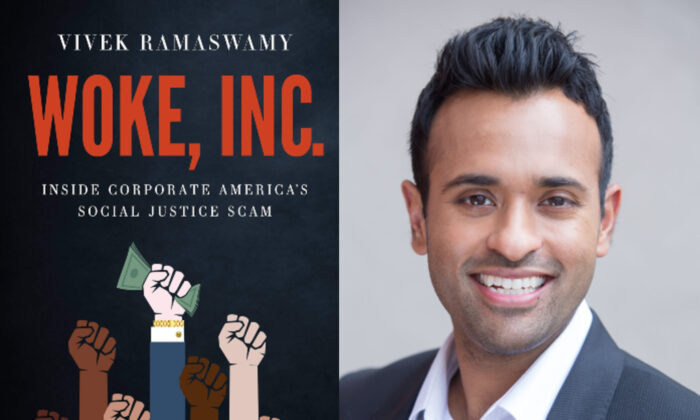 La couverture de "Woke, Inc : Inside Corporate America's Social Justice Scam  (Woke, Inc. : l'escroquerie de la justice sociale des entreprises américaines)", par Vivek Ramaswamy.