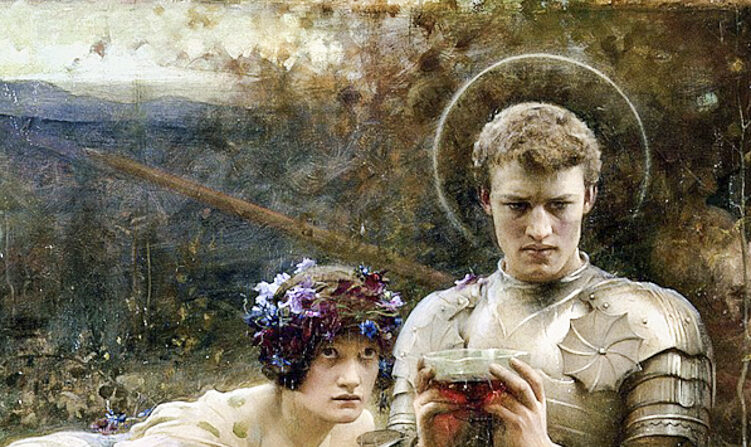 « La tentation de Percival », 1894, par Arthur Hacker. Huile sur toile, 133 cm par 157 cm. Galerie d'art de Leeds en Angleterre (PD-US)