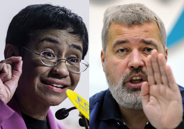 Le prix Nobel de la paix est attribué aux journalistes Maria Ressa (Philippines) et au Russe Dmitry Muratov. (Photo : ISAAC LAWRENCE,YURI KADOBNOV/AFP via Getty Images)