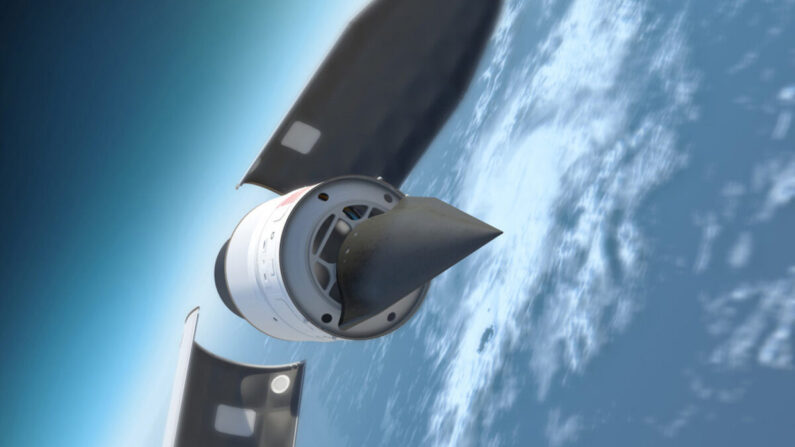Sur cette illustration, le véhicule d'essai hypersonique Falcon de la DARPA (Agence américaine pour les projets de recherche avancée en matière de défense) sort du nez de sa fusée et se prépare à rentrer dans l'atmosphère terrestre. (Image reproduite avec l'aimable autorisation de la DARPA)