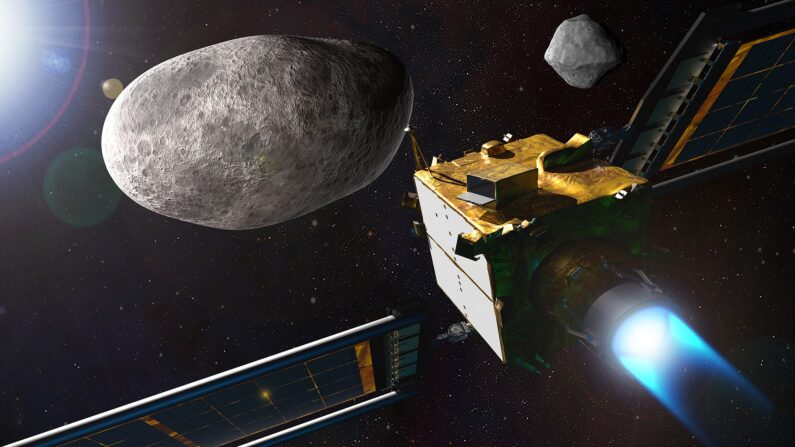 Vue d'artiste de DART approchant un astéroïde © NASA/Johns Hopkins APL