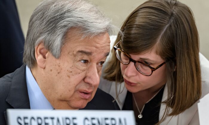 Antonio Guterres, secrétaire général des Nations unies, assiste à l'ouverture de la principale session annuelle du Conseil des droits de l'homme à Genève, le 24 février 2020. (FABRICE COFFRINI/AFP via Getty Images)