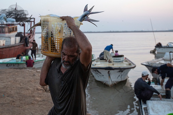-Un pêcheur irakien décharge ses prises dans la ville portuaire méridionale d'al-Faw, à 90 kilomètres au sud de Bassora, le 29 août 2021. Photo de Hussein FALEH / AFP via Getty Images.