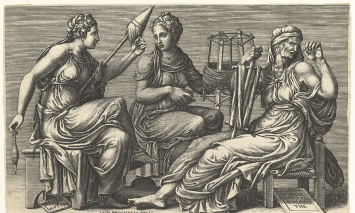 Les trois Moires grecques, qui filent, tirent et coupent le fil de la vie. Une gravure, 1558-9, par Giorgio Ghisi d'après Giulio Romano. Achat : Legs de Joseph Pulitzer, 1917 ; Metropolitan Museum of Art, (PD-US)