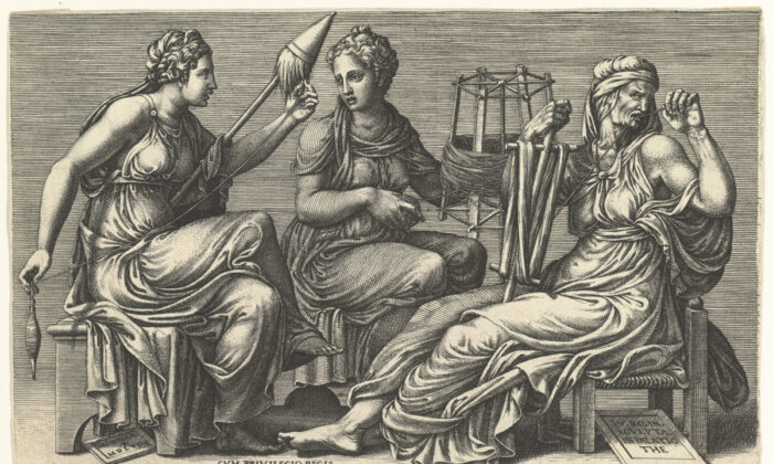Les trois Moires grecques, qui filent, tirent et coupent le fil de la vie. Une gravure, 1558-9, par Giorgio Ghisi d'après Giulio Romano. Achat : Legs de Joseph Pulitzer, 1917 ; Metropolitan Museum of Art, (PD-US)