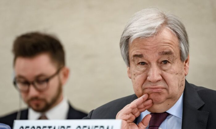 António Guterres, secrétaire général des Nations unies, assiste à l'ouverture de la principale session annuelle du Conseil des droits de l'homme à Genève, le 24 février 2020. (Fabrice Coffrini/AFP via Getty Images)