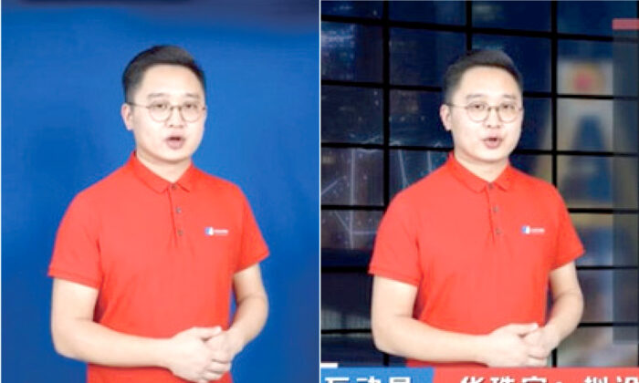 (À droite) Capture d'écran du présentateur réel de l'émission "N Xiaohei Finance" (à gauche) Le jumeau virtuel de N Xiaohei, représenté par l'IA, sur fond bleu. (Une image composée par Epoch Times)