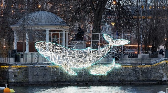 "Flying Whales", l'oeuvre du collectif HTX illumine les fêtes de Noël. (Facebook : Maison de la Nouvelle Calédonie)