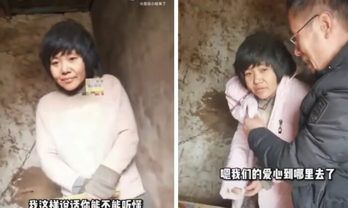 Capture d'écran vidéo d'une mère de huit enfants enchaînée dans une hutte de village dans la ville de Xuzhou, dans la province du Jiangsu, en Chine, en janvier 2022. (Captures d'écran via Douyin)