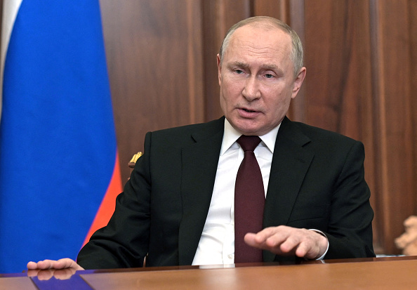 Le président russe Vladimir Poutine s'exprime lors de son discours à la nation au Kremlin à Moscou, le 21 février 2022.  (Photo : ALEXEY NIKOLSKY/Sputnik/AFP via Getty Images)