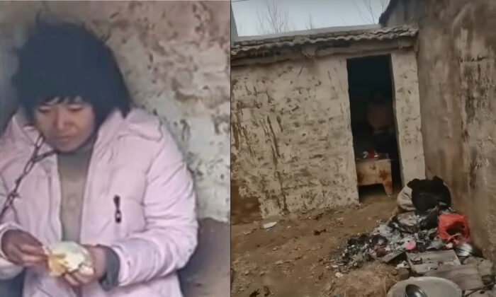 Capture d'écran vidéo de Yang, mère de huit enfants enchaînée dans une hutte rurale dans la ville de Xuzhou, Jiangsu, Chine, en janvier 2022. (Captures d'écran via Douyin)