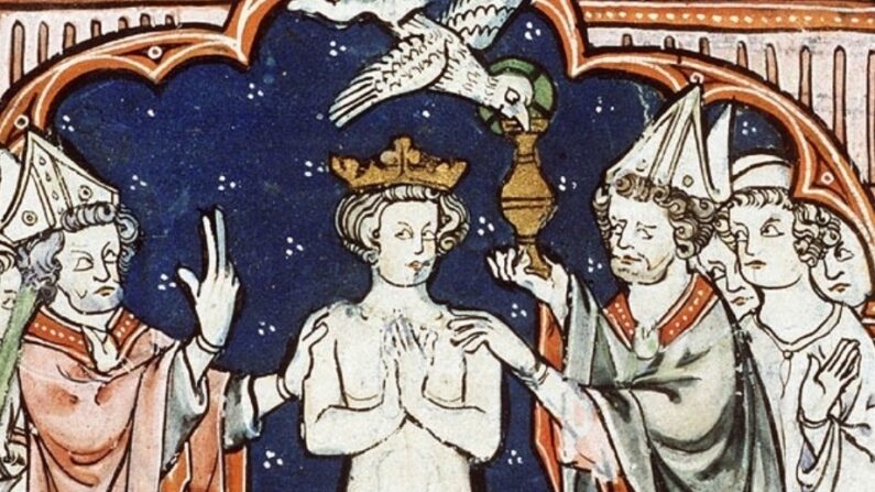 Lors du baptême de Clovis, une colombe serait, selon légende, venue apportée une huile sacrée. Tableau de Jacob van Maerlant (Domaine public)