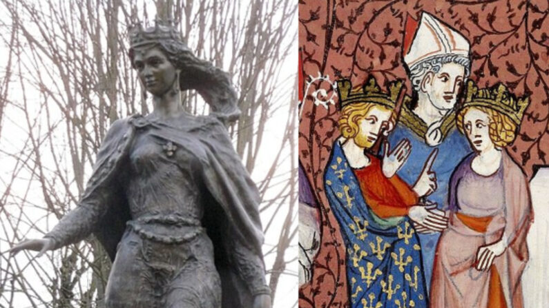 Gauche : la statue d'Anne de Kiev à Senlis (Oise). Droite : échange de consentements entre Henri et Anne.