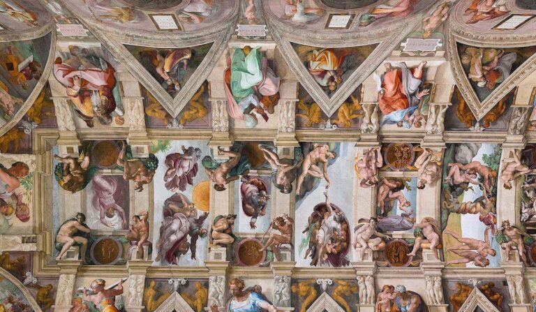 Section du plafond de la chapelle Sixtine, 1508-1512, par Michelangelo Buonarroti. Fresque ; 36 m sur 14 m. Chapelle Sixtine, Rome. (Domaine public) 