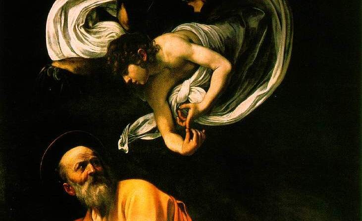 Détail de "Saint Matthieu et l'Ange", 1602, par le Caravage. Huile sur toile ; 295 × 195 cm. Chapelle Contarelli, église de San Luigi dei Francesi, Rome. (Domaine public)