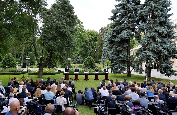 Les dirigeants des grandes puissances européennes, se sont engagées le 16 juin à aider l'Ukraine à vaincre la Russie et examinent le statut de candidat de l’Ukraine pour entrer à l’union européenne. Photo Ludovic MARIN / POOL / AFP via Getty Images.