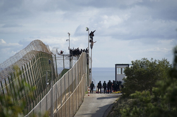 Des migrants africains tentent d'escalader la clôture à la frontière entre le Maroc et l'enclave espagnole nord-africaine de Melilla en Espagne. (Photo : Alexander Koerner/Getty Images)