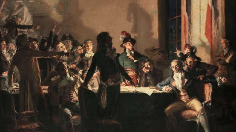 Robespierre réfugié à l'Hôtel de Ville dans la nuit du 9 au 10 Thermidor, tableau de Jean Joseph Weerts. (Domaine public)