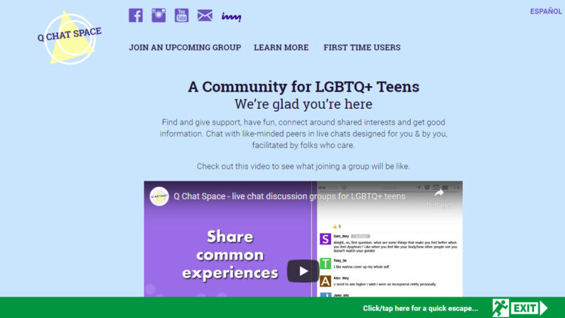 Q Chat Space, un site Web pro-LGBT promu par les CDC, dispose d'un bouton "quick escape" afin que les adolescents puissent rapidement le quitter. Capture d'écran prise le 29 juillet 2022. (Jackson Elliott/Epoch Times)