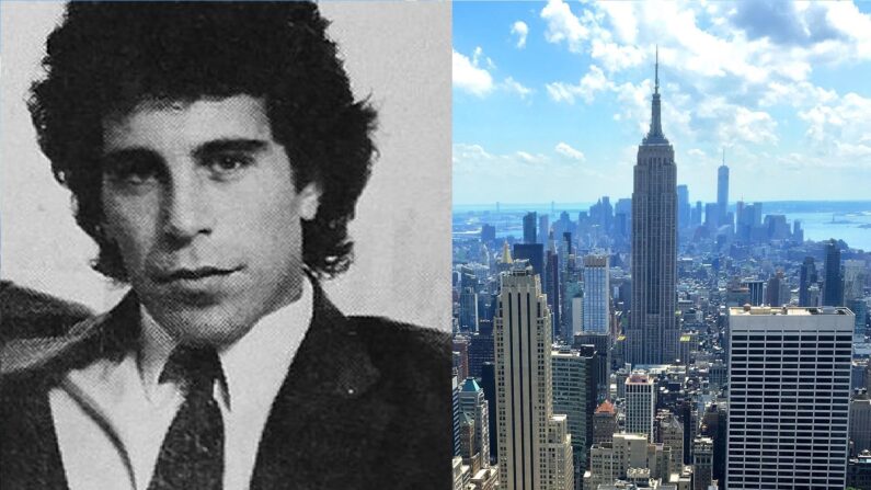 (À dt.) Jeffrey Epstein dans les années 1980. (Domaine public) – (À g.) L’Empire State Building utilisé comme emblème de la Towers Financial Corp. Le groupe dans lequel Epstein était directeur général s’est effondré lorsqu’il est apparu qu’il reposait sur une pyramide de Ponzi d’un demi-milliard de dollars (Pixabay)