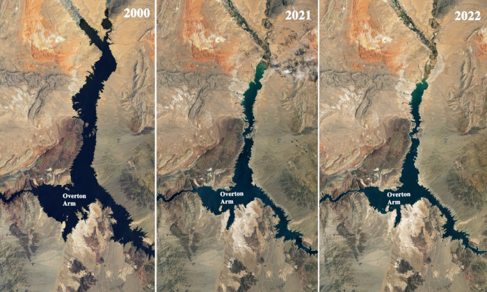 Photos du fleuve Colorado montrant la sécheresse au niveau du bras Overton entre 2000 et 2022. (Compilation de photos de la NASA)
