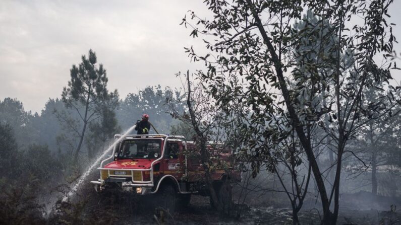 Image d'illustration - Un pompier pulvérise de l'eau sur des arbres lors d'un incendie de forêt à Saumos, dans la banlieue ouest de Bordeaux, dans le sud-ouest de la France, le 13 septembre 2022. (Photo by PHILIPPE LOPEZ / AFP) (Photo by PHILIPPE LOPEZ/AFP via Getty Images)