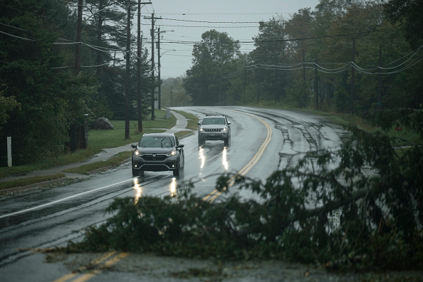 Des véhicules contournent un arbre abattu par la tempête post-tropicale Fiona le 24 septembre 2022 à East Bay, en Nouvelle-Écosse, sur l'île du Cap-Breton au Canada.  (Photo : Drew Angerer/Getty Images)