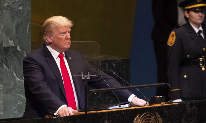Donald Trump prend la parole lors du débat général de la 73e session de l'Assemblée générale à l'ONU, à New York, le 25 septembre 2018. (Bryan R. Smith/AFP/Getty Images)
