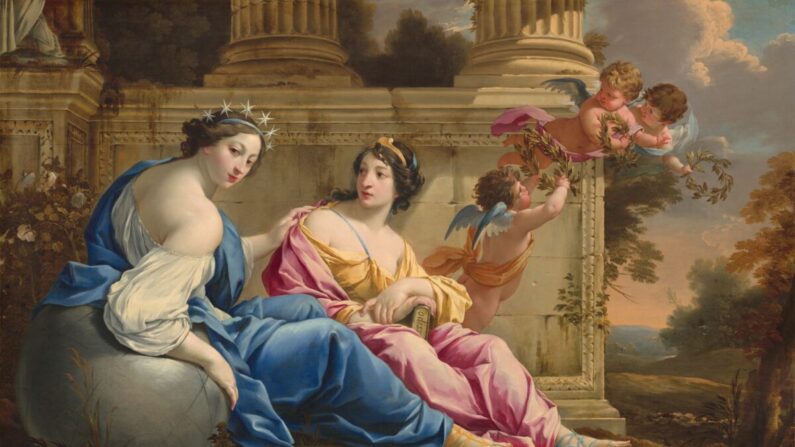 "Les Muses Uranie et Calliope", vers 1634, par Simon Vouet. Huile sur bois, 79 cm par 124 cm. National Gallery of Art, Washington D.C. (Domaine public)