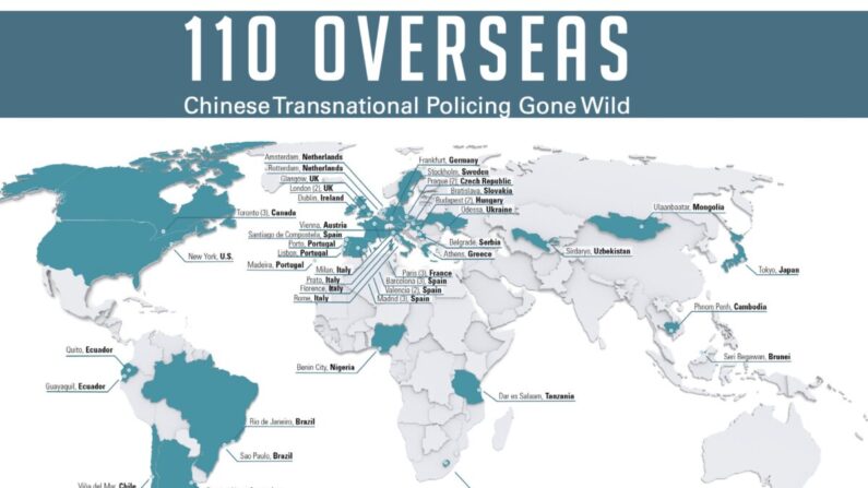 Il existe des "stations de police" chinoises à l'étranger, ou "110 Overseas", dans des dizaines de pays sur les cinq continents. (Avec l'aimable autorisation de Safeguard Defenders)