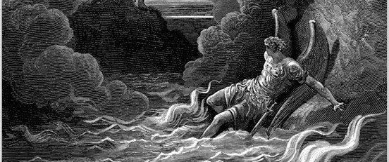 Un ange rebelle se penche en arrière après avoir été chassé du paradis, dans un détail de "Dès lors, il se dresse hors de l'étang avec sa puissante stature", 1866, par Gustav Doré pour "Le Paradis perdu" de John Milton (Gravure Domaine public)