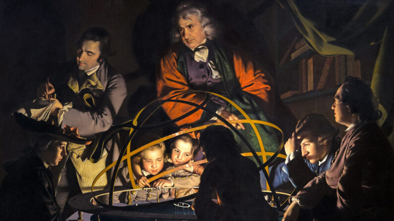 « Philosophe faisant un exposé sur le planétaire dans lequel le soleil est remplacé par une lampe », vers 1766, par Joseph Wright de Derby. Huile sur toile. Musée et galerie d'art de Derby, Derby, Angleterre. (Domaine public)