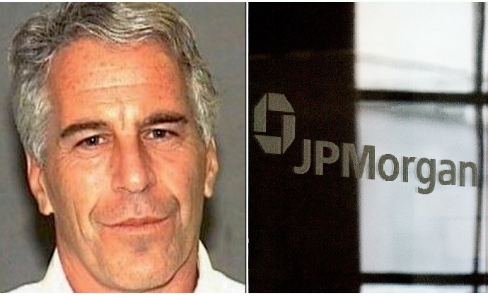 Jeffrey Epstein (Bureau du shérif de Palm Beach) / Logo de JPMorgan dans le siège social de Londres (Cate Gillon/Getty Images)