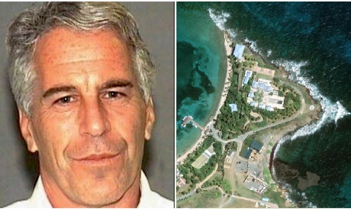 Jeffrey Epstein, le 27 juillet 2006. (Bureau du shérif de Palm Beach) / Saint James Island (Google map)