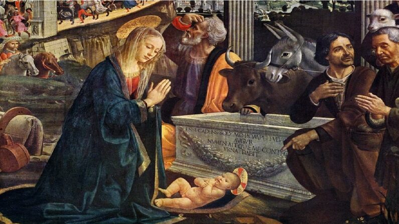 Dieu est descendu du ciel sous la forme d'un bébé. Détail de "L'adoration des bergers", 1485, par Domenico Ghirlandaio, 1485. (Domaine public)