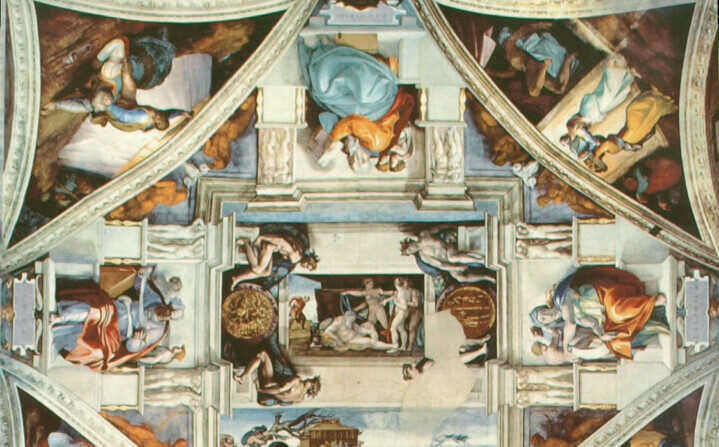 Le plafond de la chapelle Sixtine entre 1508-1512 par Michel-Ange. Fresque, chapelle Sixtine, Vatican (Domaine public) 